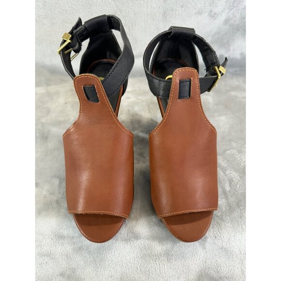 Candies Shoes Women's 6 Brown and black Peep Toe 4" Chunky Heels w/ ankle strap - Picture 10 of 16